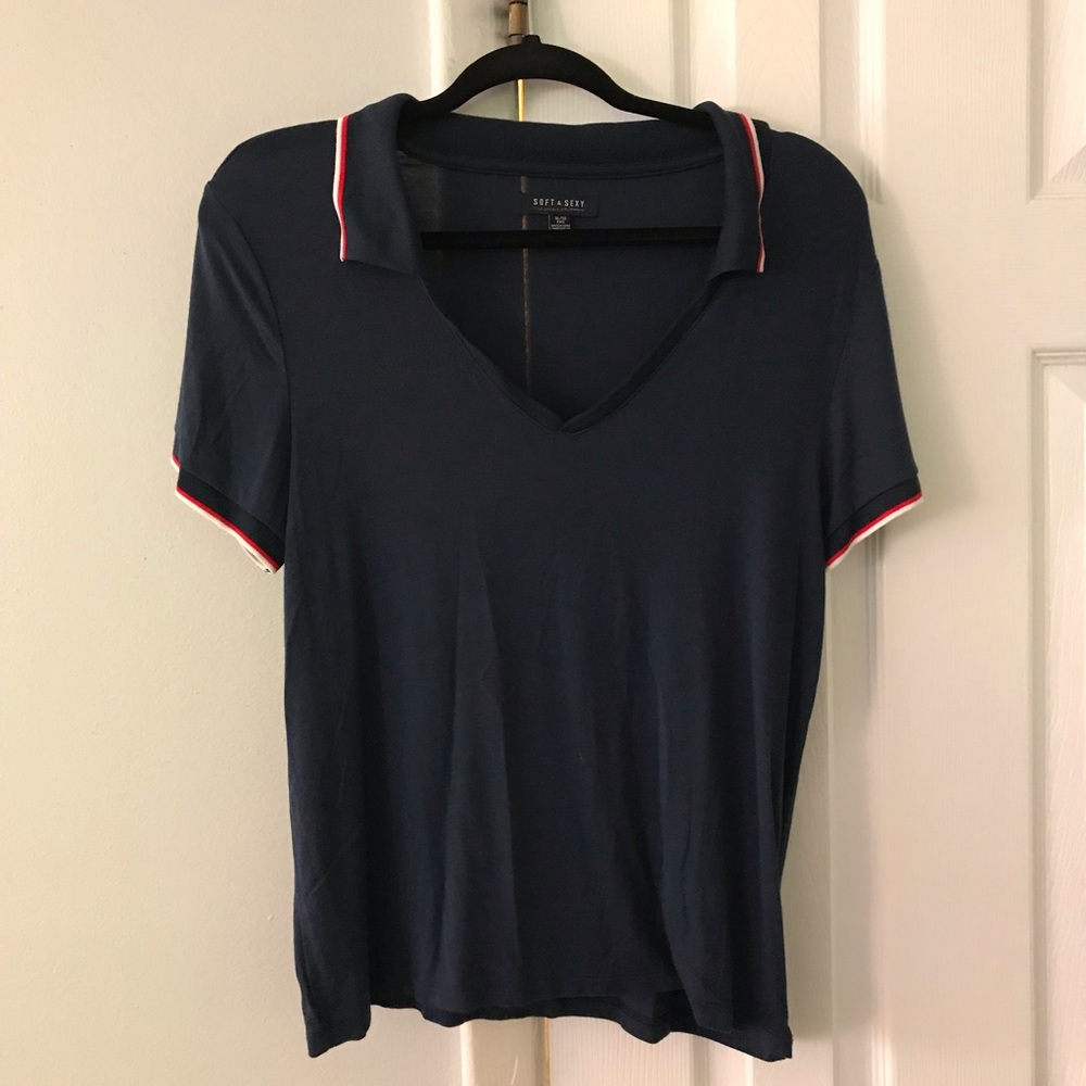 navy, red, & white polo top !